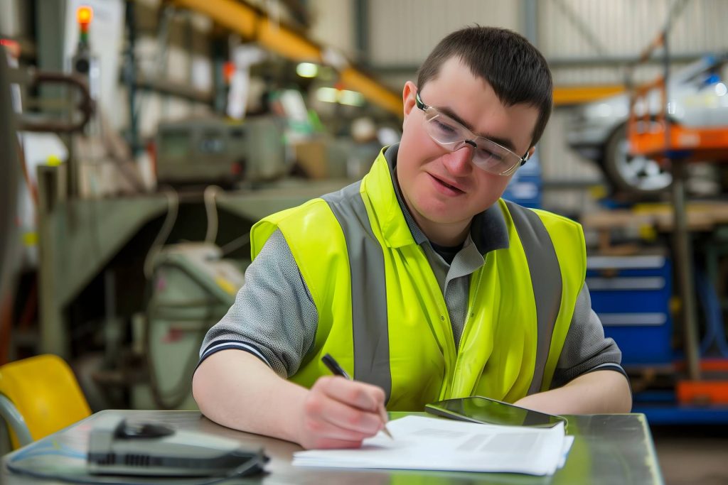 Mann mit Down-Syndrom in einer Werkshalle schreibt an einem Tisch. Er trägt eine Schutzbrille und eine gelbe Warnweste, vor ihm liegen Papiere und ein Smartphone.